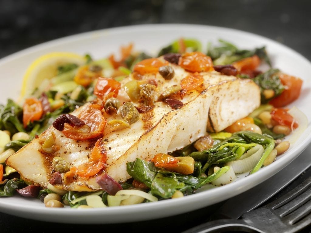 One of our fish recipes: Grilled Halibut with Capers, Olives and Tomatoes