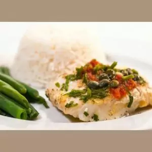black cod with rice and green beans