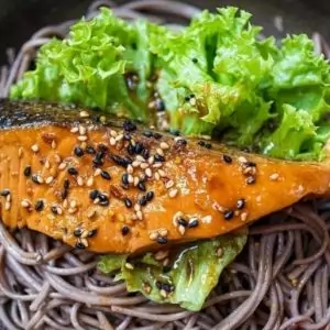 coho salmon with on buckwheat noodles