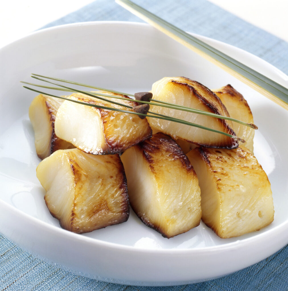 broiled miso sablefish in a white bowl